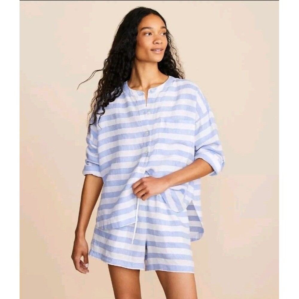 Lou & Grey Women's Small Striped Linen Pocket Oversized Relaxed Fit Button Shirt
